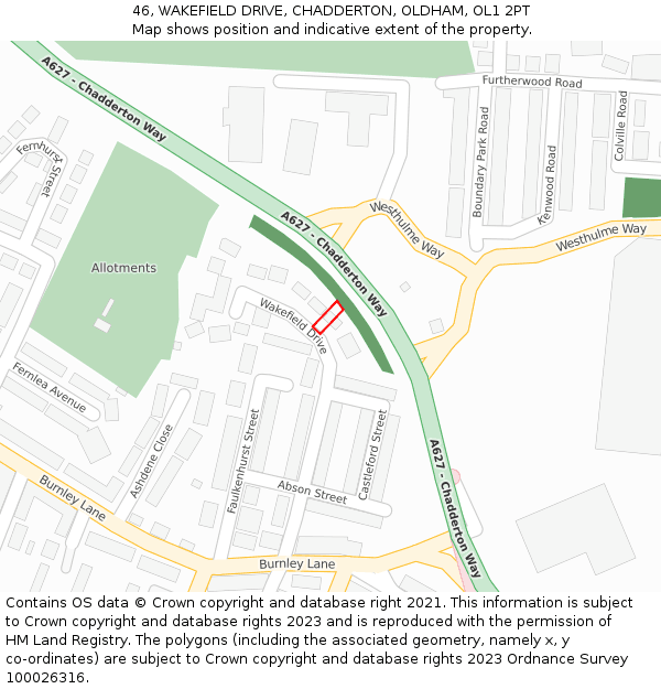 46, WAKEFIELD DRIVE, CHADDERTON, OLDHAM, OL1 2PT: Location map and indicative extent of plot