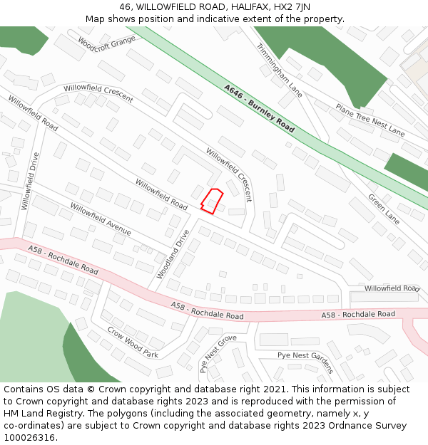 46, WILLOWFIELD ROAD, HALIFAX, HX2 7JN: Location map and indicative extent of plot