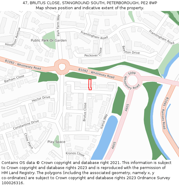 47, BRUTUS CLOSE, STANGROUND SOUTH, PETERBOROUGH, PE2 8WP: Location map and indicative extent of plot