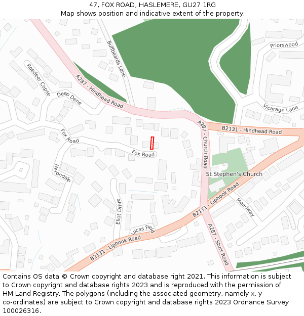 47, FOX ROAD, HASLEMERE, GU27 1RG: Location map and indicative extent of plot