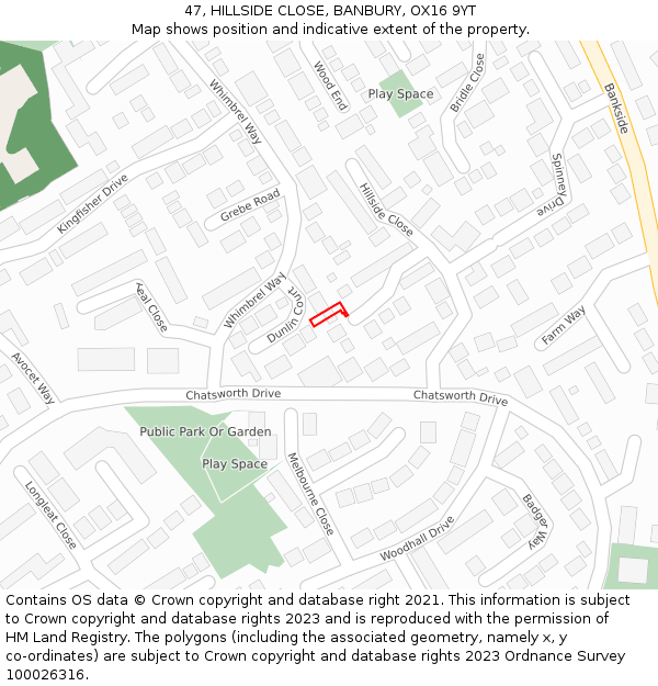 47, HILLSIDE CLOSE, BANBURY, OX16 9YT: Location map and indicative extent of plot