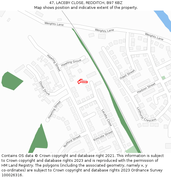 47, LACEBY CLOSE, REDDITCH, B97 6BZ: Location map and indicative extent of plot