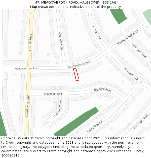 47, MEADOWBROOK ROAD, HALESOWEN, B63 1AG: Location map and indicative extent of plot