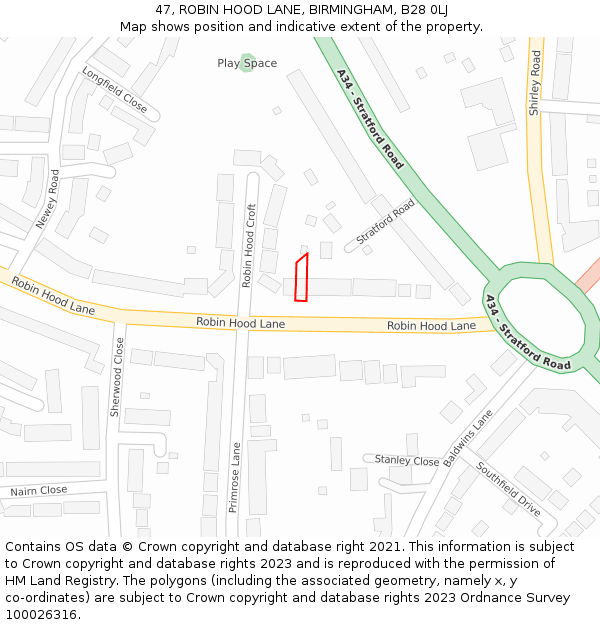 47, ROBIN HOOD LANE, BIRMINGHAM, B28 0LJ: Location map and indicative extent of plot