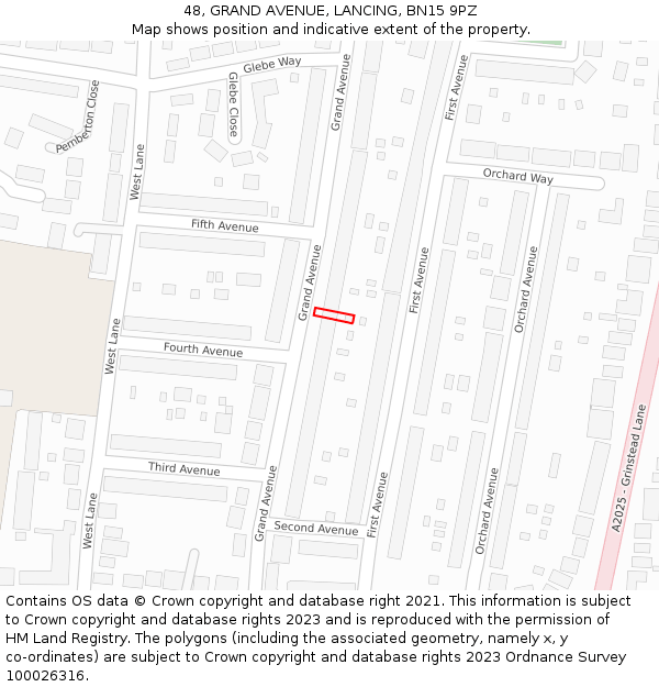 48, GRAND AVENUE, LANCING, BN15 9PZ: Location map and indicative extent of plot