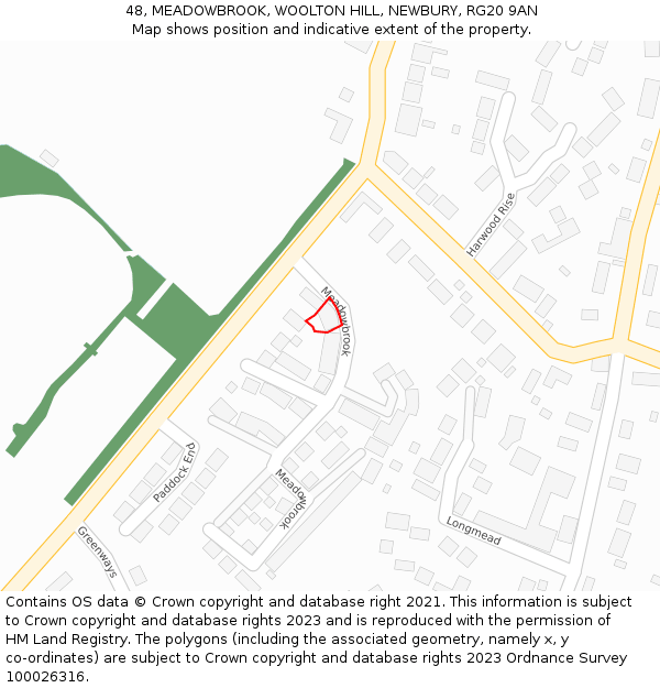 48, MEADOWBROOK, WOOLTON HILL, NEWBURY, RG20 9AN: Location map and indicative extent of plot