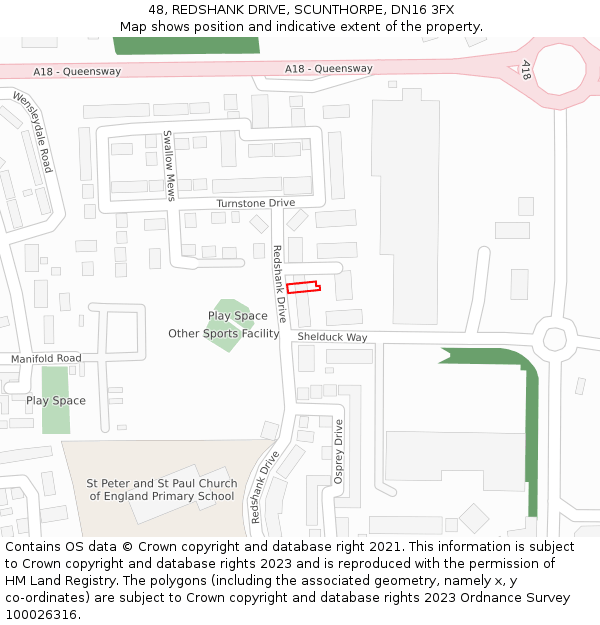 48, REDSHANK DRIVE, SCUNTHORPE, DN16 3FX: Location map and indicative extent of plot