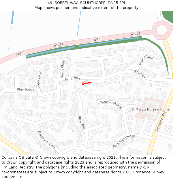 49, SORREL WAY, SCUNTHORPE, DN15 8PL: Location map and indicative extent of plot