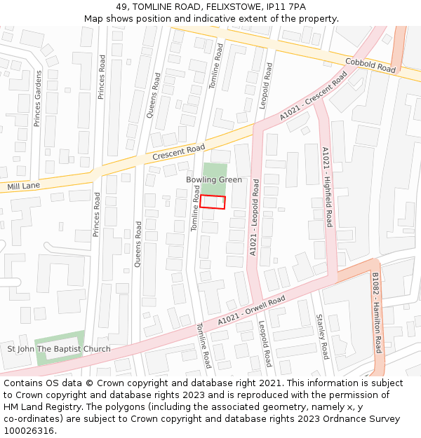 49, TOMLINE ROAD, FELIXSTOWE, IP11 7PA: Location map and indicative extent of plot