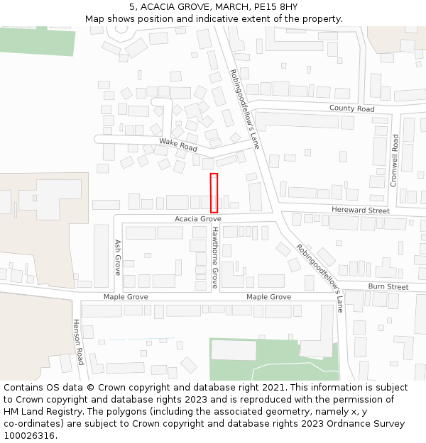 5, ACACIA GROVE, MARCH, PE15 8HY: Location map and indicative extent of plot