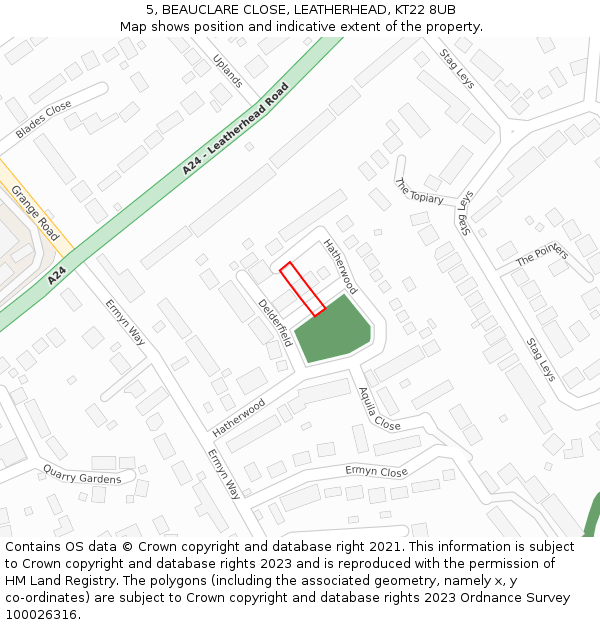 5, BEAUCLARE CLOSE, LEATHERHEAD, KT22 8UB: Location map and indicative extent of plot