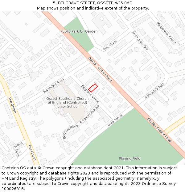 5, BELGRAVE STREET, OSSETT, WF5 0AD: Location map and indicative extent of plot