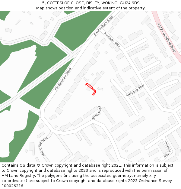 5, COTTESLOE CLOSE, BISLEY, WOKING, GU24 9BS: Location map and indicative extent of plot