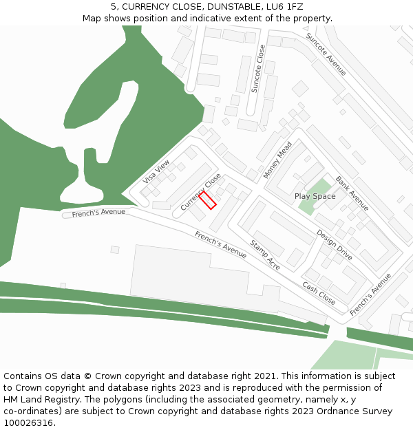 5, CURRENCY CLOSE, DUNSTABLE, LU6 1FZ: Location map and indicative extent of plot