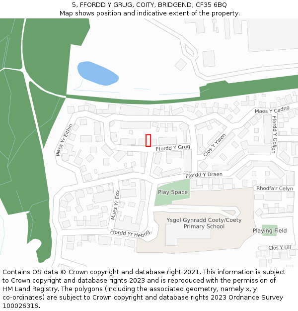 5, FFORDD Y GRUG, COITY, BRIDGEND, CF35 6BQ: Location map and indicative extent of plot
