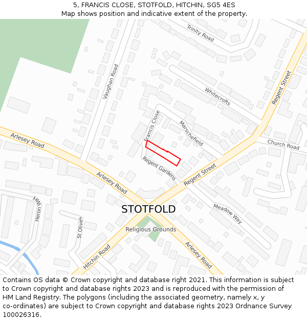 5, FRANCIS CLOSE, STOTFOLD, HITCHIN, SG5 4ES: Location map and indicative extent of plot