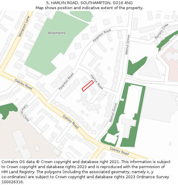 5, HARLYN ROAD, SOUTHAMPTON, SO16 4NG: Location map and indicative extent of plot