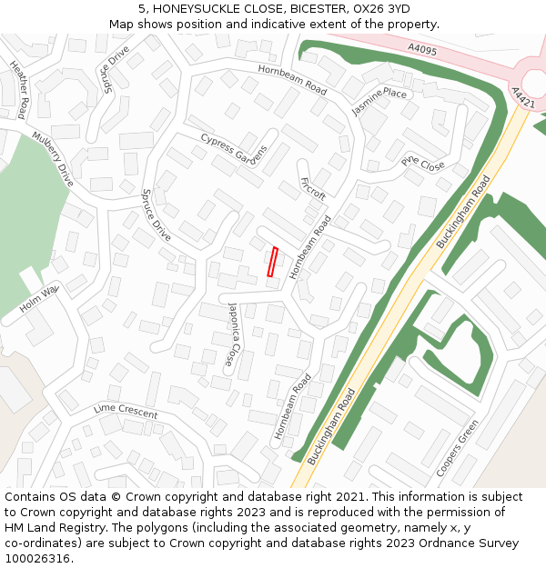 5, HONEYSUCKLE CLOSE, BICESTER, OX26 3YD: Location map and indicative extent of plot