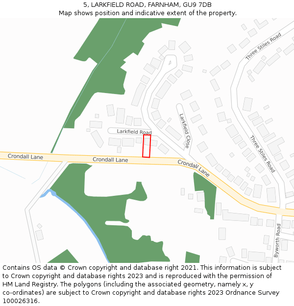 5, LARKFIELD ROAD, FARNHAM, GU9 7DB: Location map and indicative extent of plot