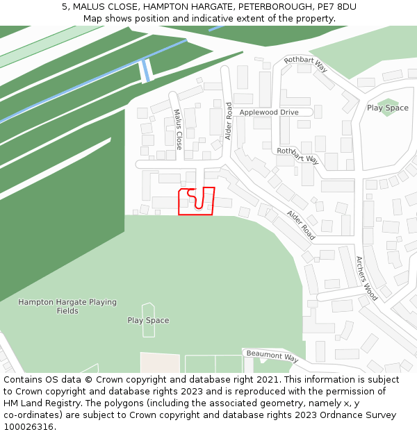 5, MALUS CLOSE, HAMPTON HARGATE, PETERBOROUGH, PE7 8DU: Location map and indicative extent of plot