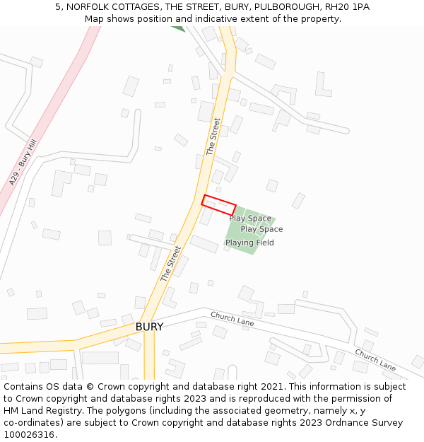 5, NORFOLK COTTAGES, THE STREET, BURY, PULBOROUGH, RH20 1PA: Location map and indicative extent of plot