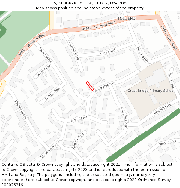 5, SPRING MEADOW, TIPTON, DY4 7BA: Location map and indicative extent of plot