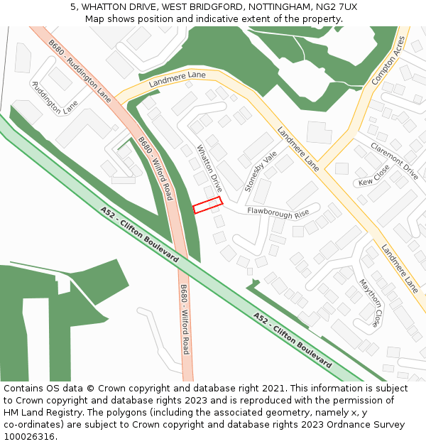 5, WHATTON DRIVE, WEST BRIDGFORD, NOTTINGHAM, NG2 7UX: Location map and indicative extent of plot