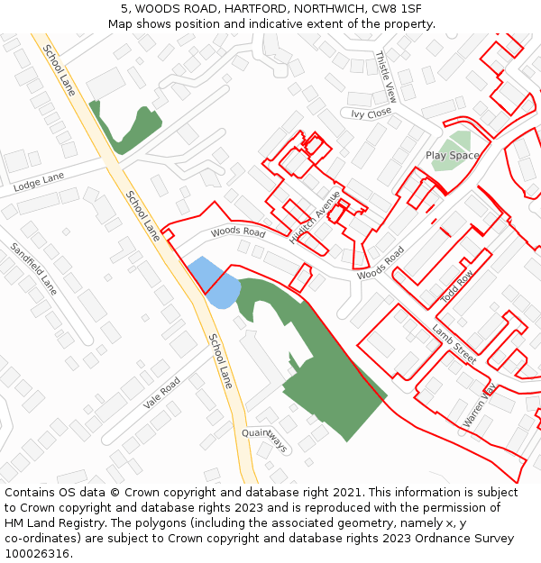 5, WOODS ROAD, HARTFORD, NORTHWICH, CW8 1SF: Location map and indicative extent of plot