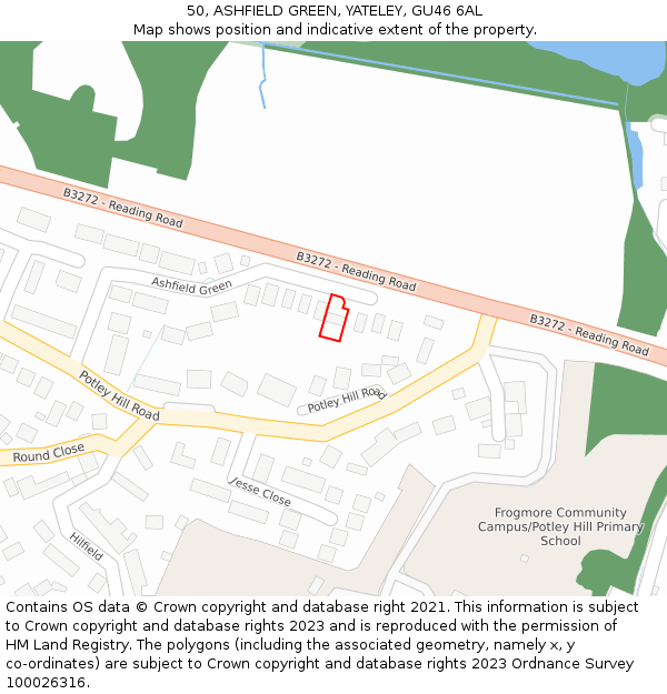 50, ASHFIELD GREEN, YATELEY, GU46 6AL: Location map and indicative extent of plot