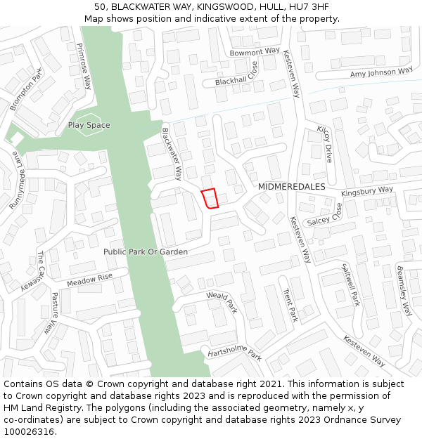50, BLACKWATER WAY, KINGSWOOD, HULL, HU7 3HF: Location map and indicative extent of plot