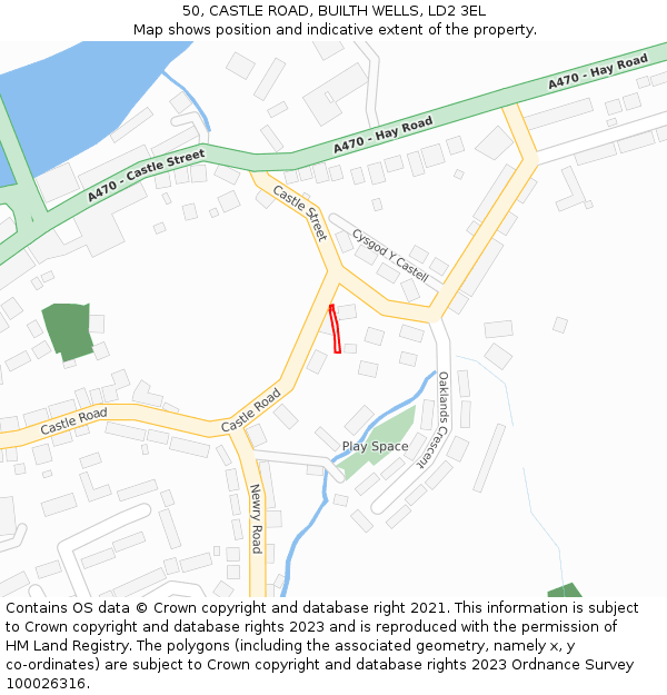50, CASTLE ROAD, BUILTH WELLS, LD2 3EL: Location map and indicative extent of plot