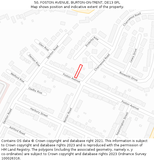 50, FOSTON AVENUE, BURTON-ON-TRENT, DE13 0PL: Location map and indicative extent of plot