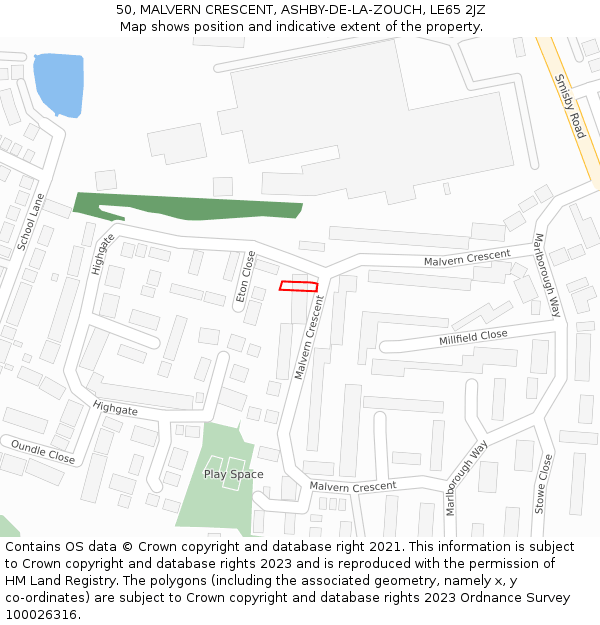 50, MALVERN CRESCENT, ASHBY-DE-LA-ZOUCH, LE65 2JZ: Location map and indicative extent of plot