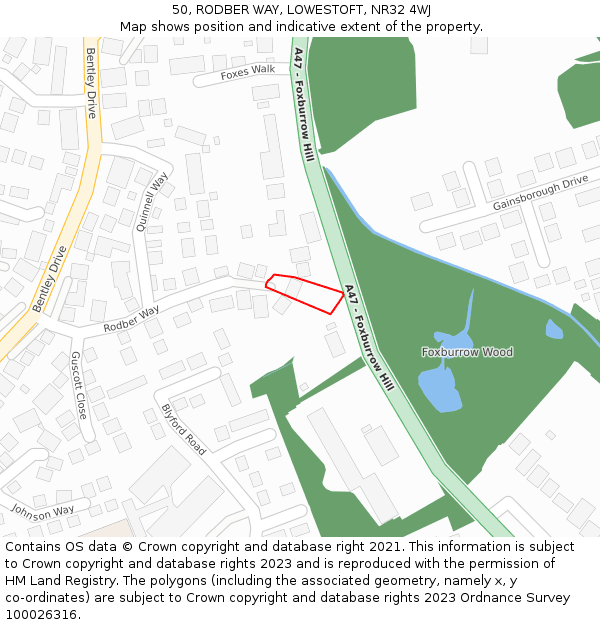 50, RODBER WAY, LOWESTOFT, NR32 4WJ: Location map and indicative extent of plot