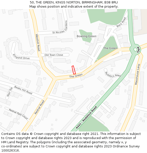 50, THE GREEN, KINGS NORTON, BIRMINGHAM, B38 8RU: Location map and indicative extent of plot
