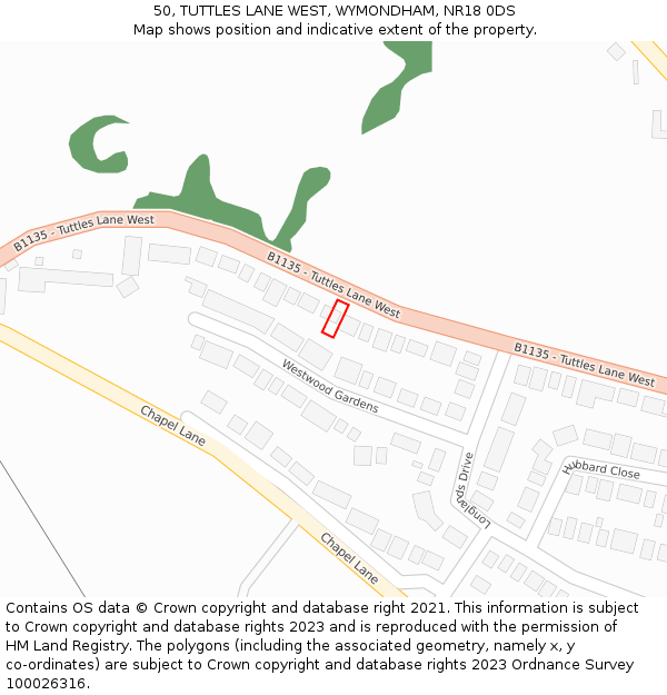 50, TUTTLES LANE WEST, WYMONDHAM, NR18 0DS: Location map and indicative extent of plot