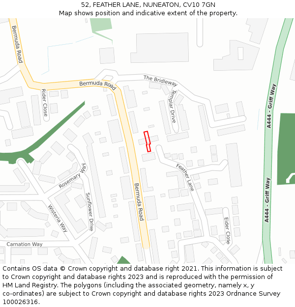 52, FEATHER LANE, NUNEATON, CV10 7GN: Location map and indicative extent of plot