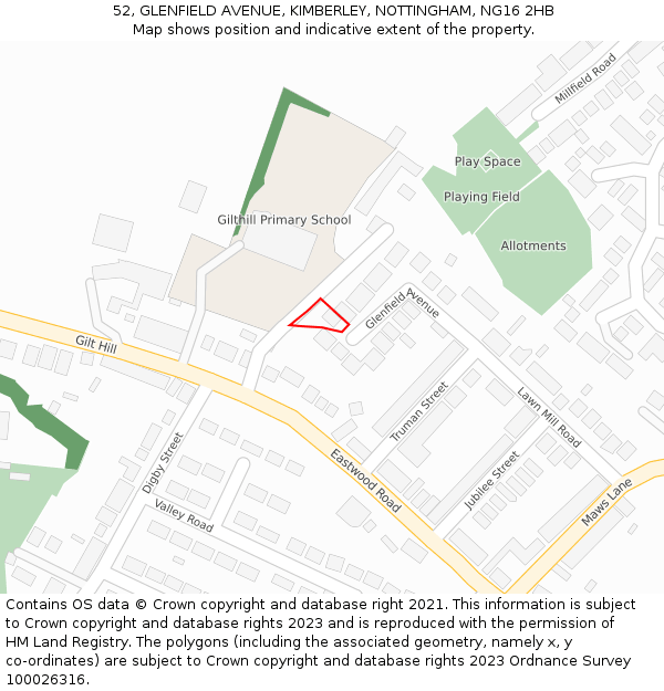52, GLENFIELD AVENUE, KIMBERLEY, NOTTINGHAM, NG16 2HB: Location map and indicative extent of plot