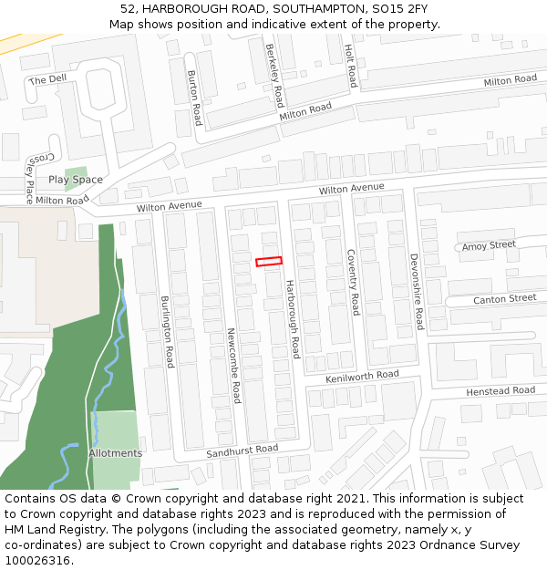 52, HARBOROUGH ROAD, SOUTHAMPTON, SO15 2FY: Location map and indicative extent of plot