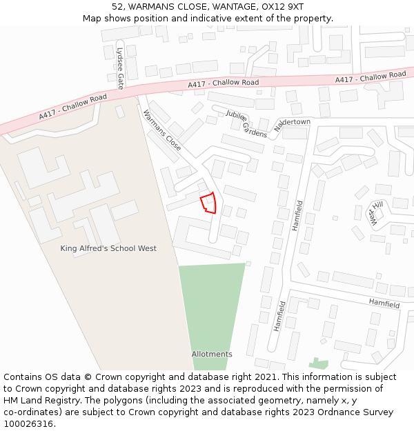 52, WARMANS CLOSE, WANTAGE, OX12 9XT: Location map and indicative extent of plot
