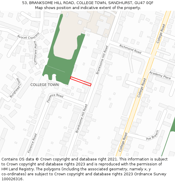 53, BRANKSOME HILL ROAD, COLLEGE TOWN, SANDHURST, GU47 0QF: Location map and indicative extent of plot