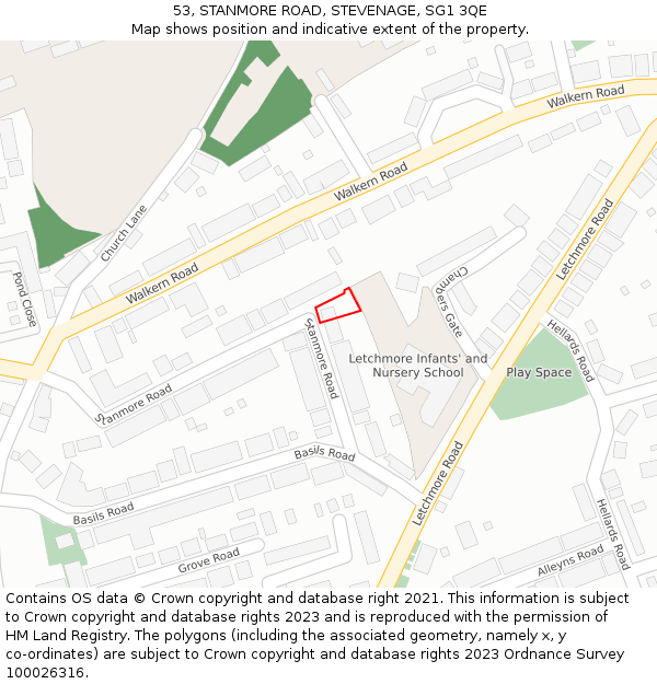 53, STANMORE ROAD, STEVENAGE, SG1 3QE: Location map and indicative extent of plot