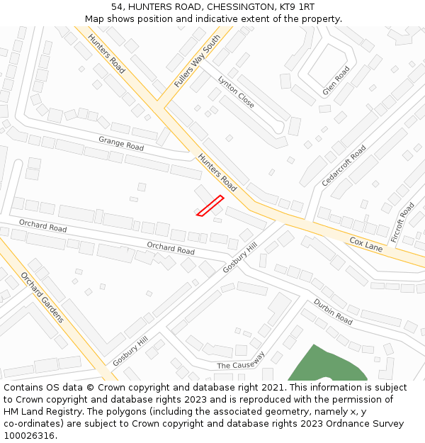 54, HUNTERS ROAD, CHESSINGTON, KT9 1RT: Location map and indicative extent of plot