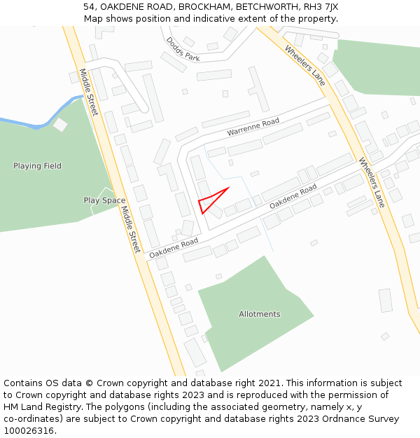 54, OAKDENE ROAD, BROCKHAM, BETCHWORTH, RH3 7JX: Location map and indicative extent of plot