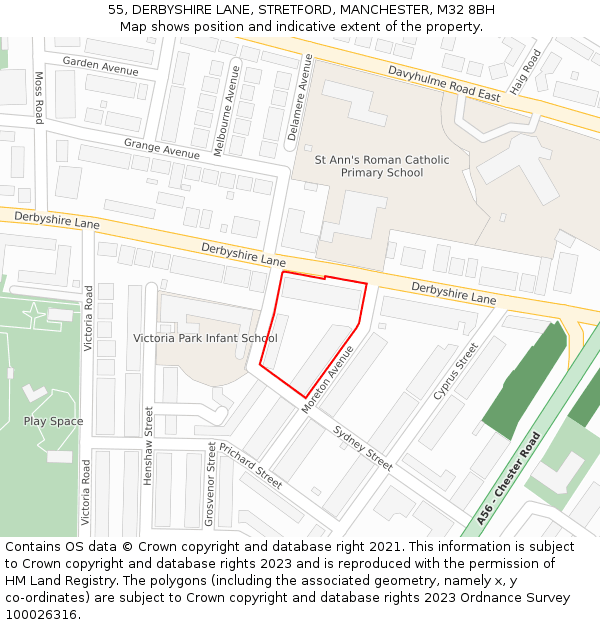 55, DERBYSHIRE LANE, STRETFORD, MANCHESTER, M32 8BH: Location map and indicative extent of plot