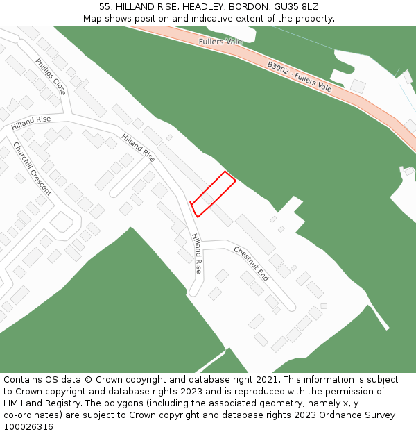 55, HILLAND RISE, HEADLEY, BORDON, GU35 8LZ: Location map and indicative extent of plot