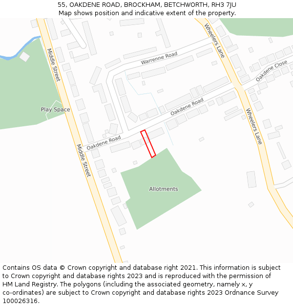 55, OAKDENE ROAD, BROCKHAM, BETCHWORTH, RH3 7JU: Location map and indicative extent of plot
