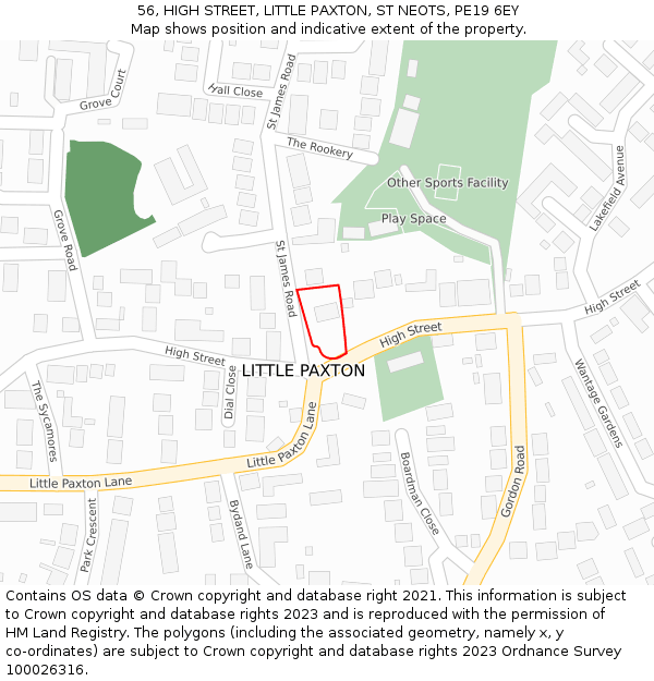 56, HIGH STREET, LITTLE PAXTON, ST NEOTS, PE19 6EY: Location map and indicative extent of plot