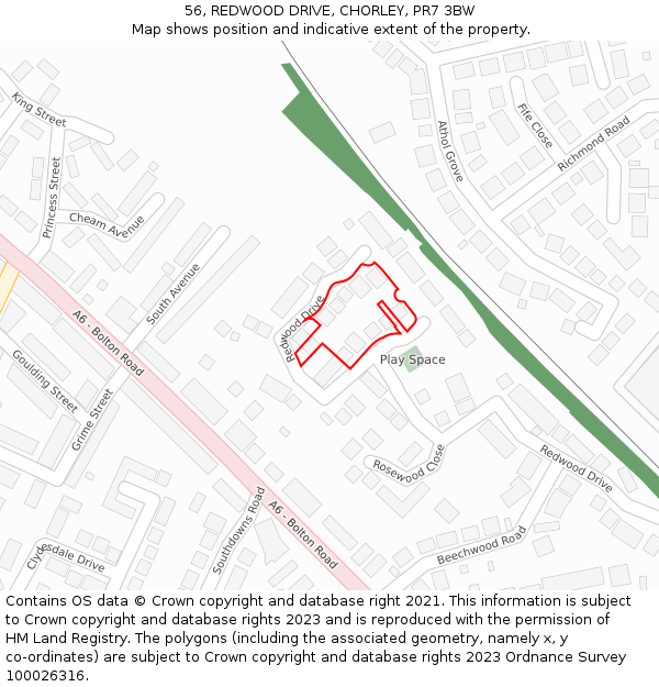 56, REDWOOD DRIVE, CHORLEY, PR7 3BW: Location map and indicative extent of plot