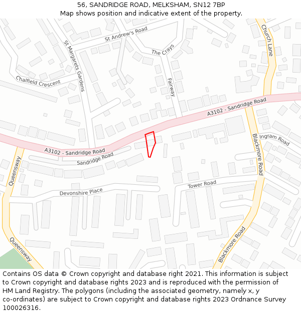 56, SANDRIDGE ROAD, MELKSHAM, SN12 7BP: Location map and indicative extent of plot